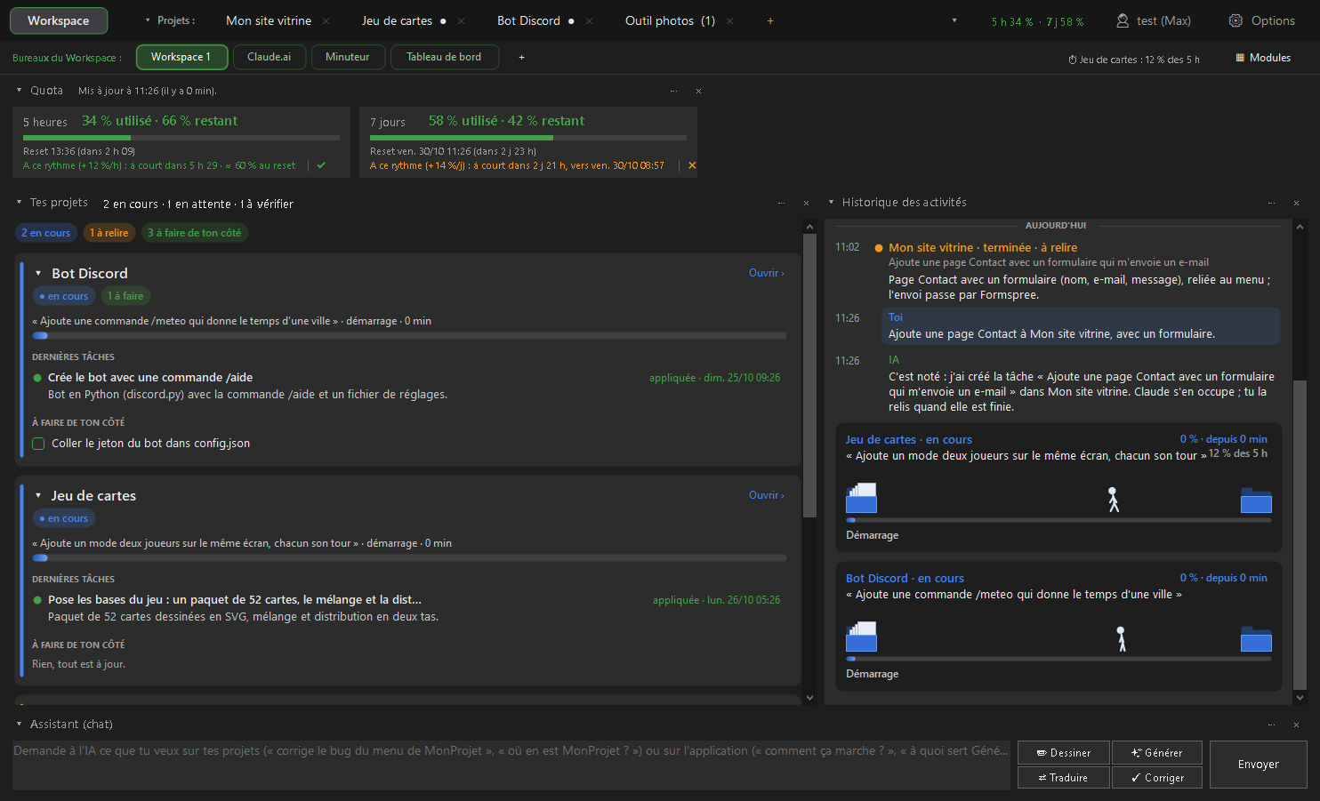 Le Workspace de Crew Workbench : le quota Claude, les projets en cours et l'historique des tâches